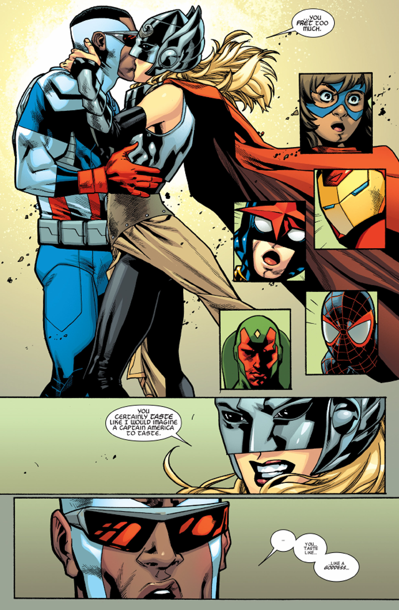 Illustration for article titled The Real Reason Behind This Week's Thor/Captain America Kiss Is Actually Quite Sad